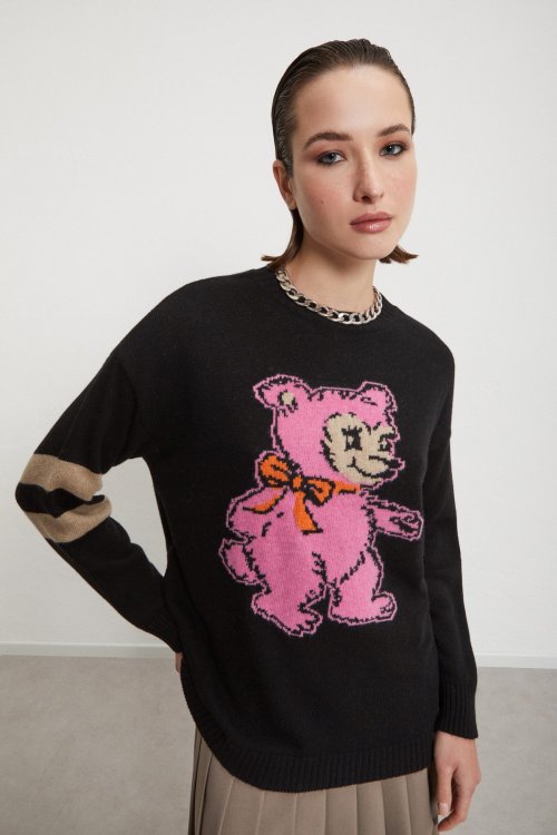 Ottod'ame Maglia G/c Intarsio Orsetto Nero Donna