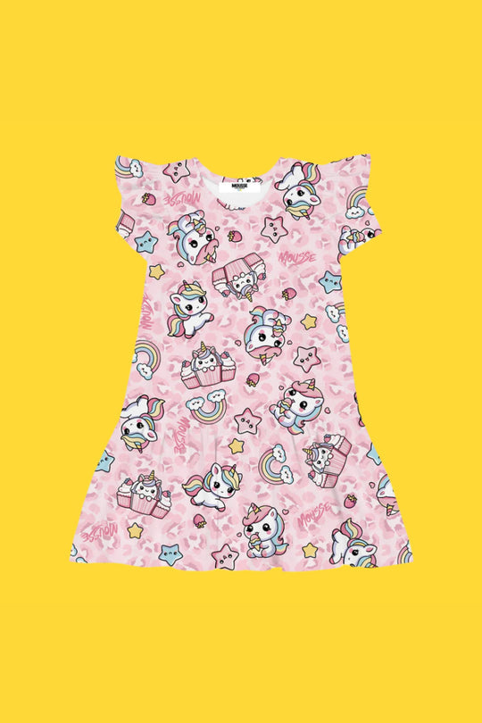 Mousse Abito Jersey Rouches Unicorno Rosa Bambina