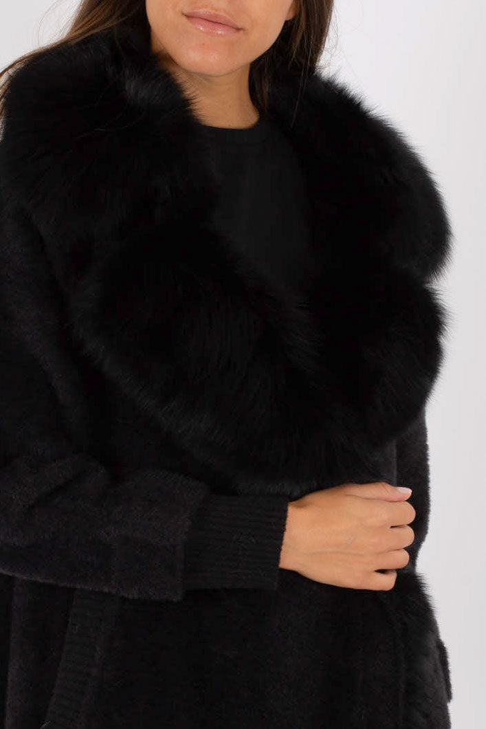 Regina Women's Black Fabric Coat With Fur - 3