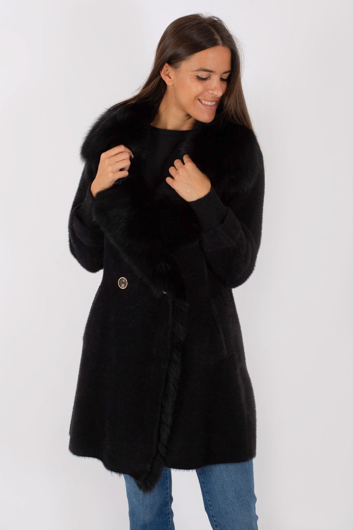 Regina Women's Black Fabric Coat With Fur - 1