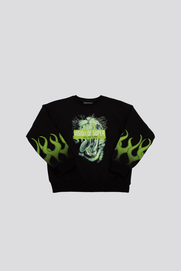 Vision Of Super -vos- Black Green Flames Crewneck Sweatshirt for Boys - 1