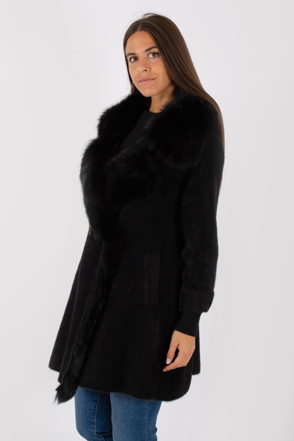 Regina Women's Black Fabric Coat With Fur - 5