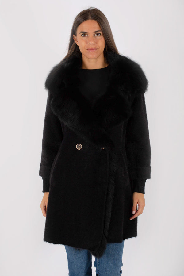 Regina Women's Black Fabric Coat With Fur - 2