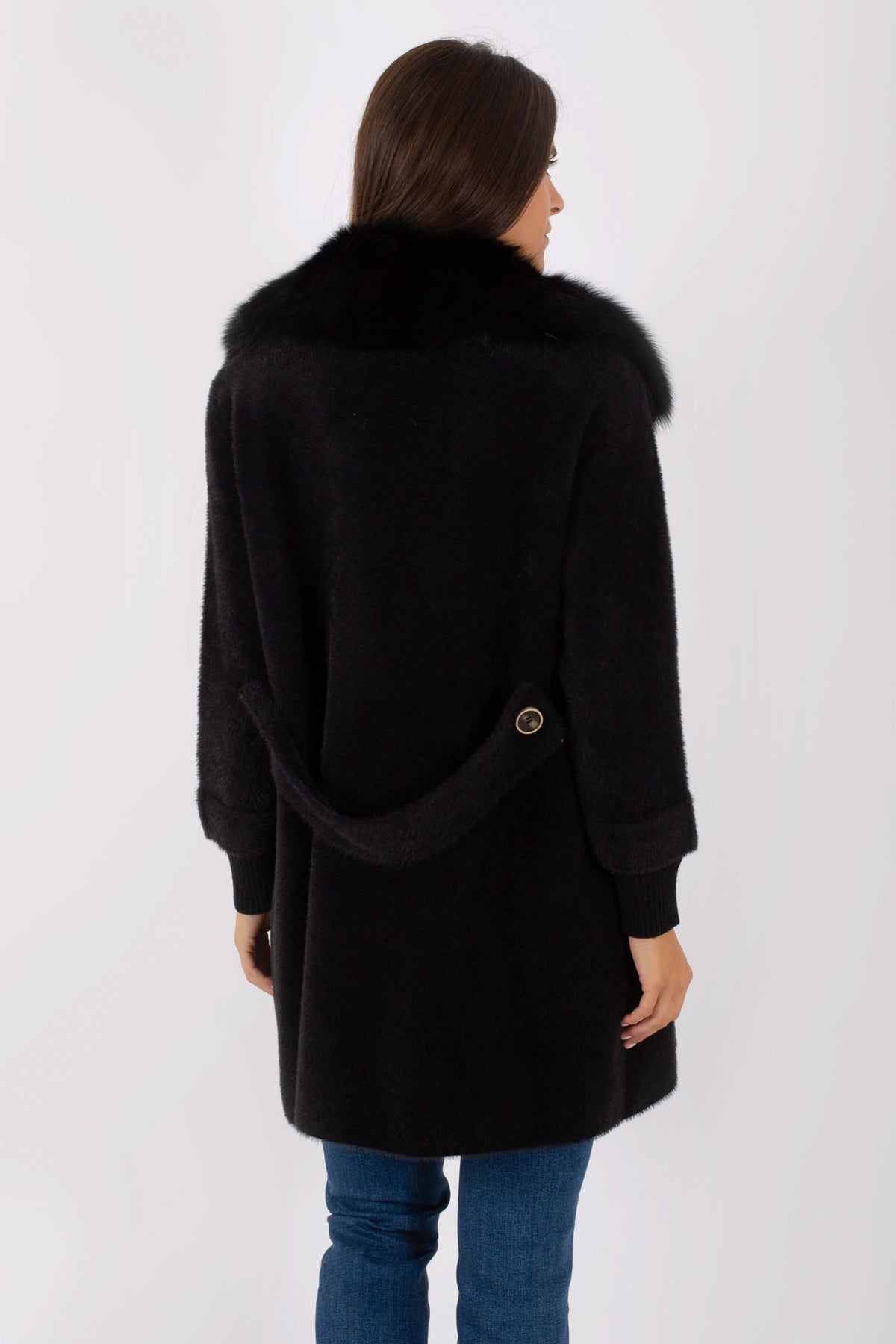 Regina Women's Black Fabric Coat With Fur - 4